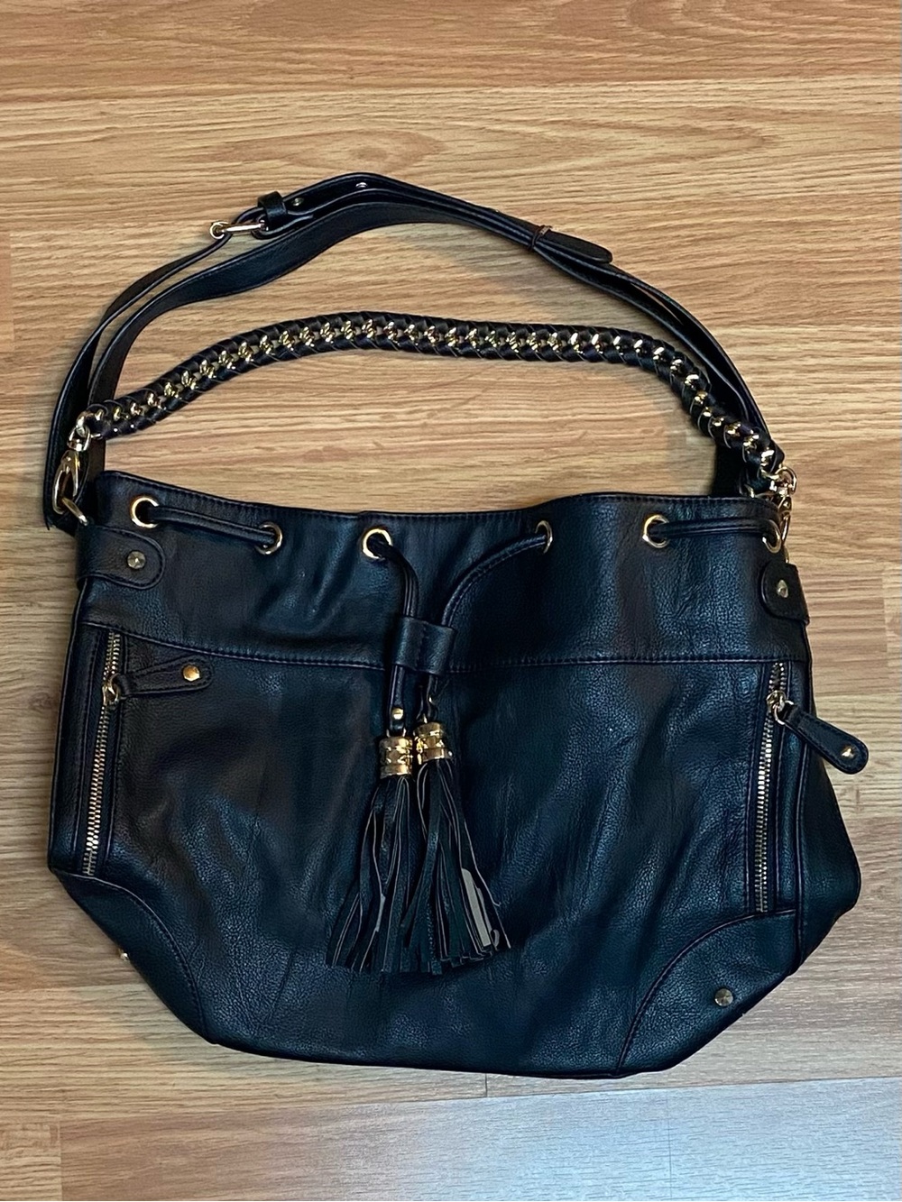 Aldo Black Leather Tassel Drawstring Crossbody Bag with Gold Chain